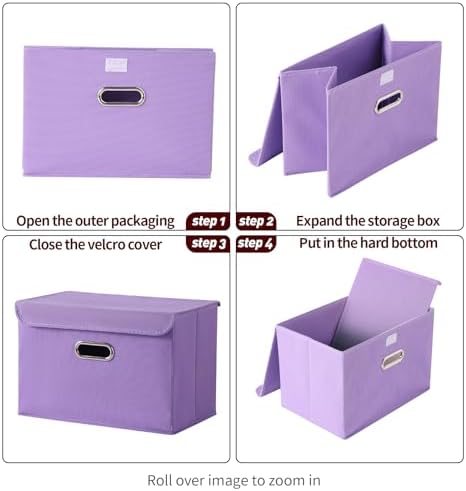 STOREONE Fabric Storage Cube Bins Foldable Organizer Container Collapsible Basket with Lids and Metal Handles, for Home, Bedroom, Closet 3 Pcs (multicolour-purple) - Image 6