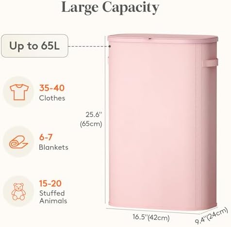 Lifewit Slim Laundry Basket with Lid and Removable Bag, 65L, Pink - Image 3