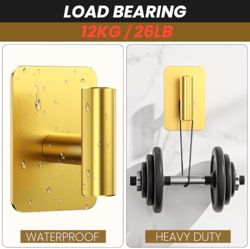 Heavy Duty Adhesive Hooks - 26lb Max, Sticky Wall Hooks Waterproof Stainless Steel for Hanging Towel, Coat, Robe, Towel Hooks Stick on Bathroom, Kitchen, Shower, Door (Gold, 2 Pack) - Image 5