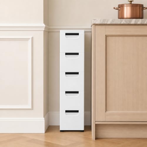5 Drawers Narrow Slim Plastic Storage Cabinet,Storage Drawer with 4 Wheels,5 Tier Drawers Dresser,White - Image 4