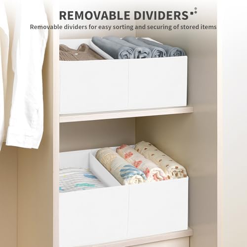 DIMJ Large Closet Shelf Organizer Bins 4 Packs with Handles and Divider, Fabric Trapezoid Storage Baskets, Foldable Clothes Containers Box for Shelf, Towel, Book, Toy, Purse, Hats, White - Image 3
