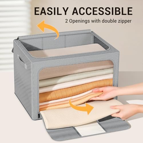 Clothes Storage Bins with Metal Frame, Foldable Clothes Organizers Storage Containers for Clothes, Sheets, Blankets, Pillows and Towels （66L, 3 Pack, Deep Grey - Image 5