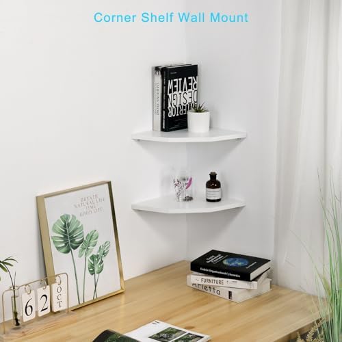 Corner Wall Shelves Set of 2, Rustic Wood Corner Floating Shelves with Cable Raceway, Wall Mount Storage Display for TV Accessories, Baby Monitor, Speaker, Cable Box (White, Diamond- 12 Inch) - Image 4