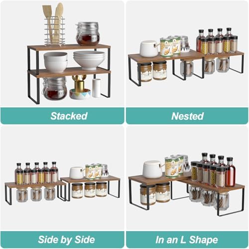 NEX Cabinet Organizer Shelf, Set of 2 Kitchen Counter Shelves, Spice Rack, Stackable Kitchen Shelves Organizer, Pantry Cupboard Dish Mug Cup Storage Shelf, Black and Brown - Image 6