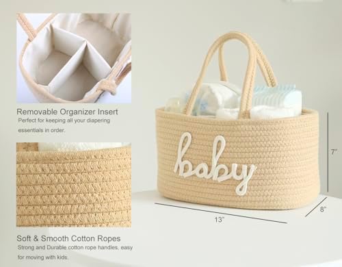 Baby Diaper Caddy Organizer, Nursery Storage Bin Basket for Baby Shower and Baby Wipes- Cotton Rope Portable Diaper Bag for Changing Table, Newborn Essentials Gift-Tan - Image 4