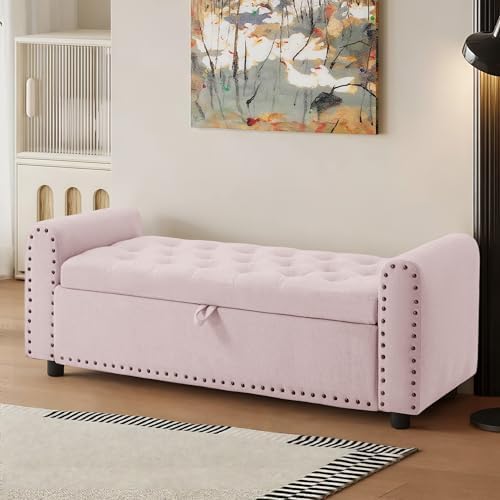 48" Ottoman with Storage, Tufted Storage Ottoman Bench, Convenient Living Room Fabrics Bench Seat, Entryway Shoe Benches with Inner Zipper & Arm, Upholstered Window Seat Ottomans with Rivets,Pink by Unknown