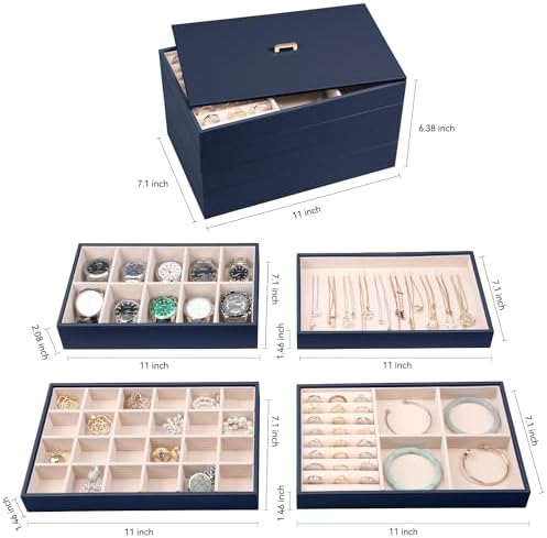 Voova Stackable Jewelry Organizer Tray with Lid (Set of 4, Dark Blue) - Image 5