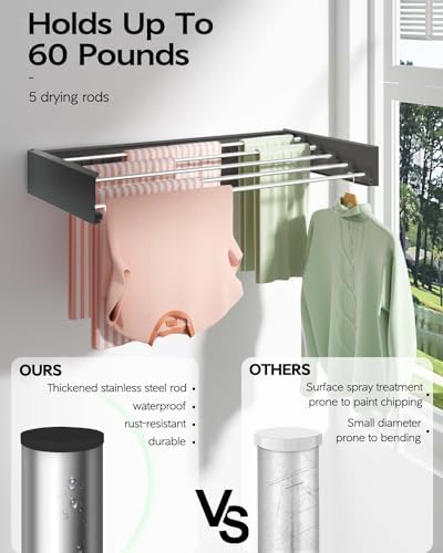 Vikaqi Wall Mounted Clothes Drying Rack 32", Foldable Wall Mount Laundry Rack Folding Indoor, Drying Rack Clothing Collapsible, Hidden Space Saver with Wall Template, 5 Rods, Black - Image 4