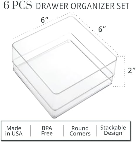 STORi SimpleSort 6-Piece Stackable Clear Drawer Organizer Set | 6" x 6" x 2" Square Trays | Small Makeup Vanity Storage Bins and Office Desk Drawer Dividers | Made in USA - Image 2