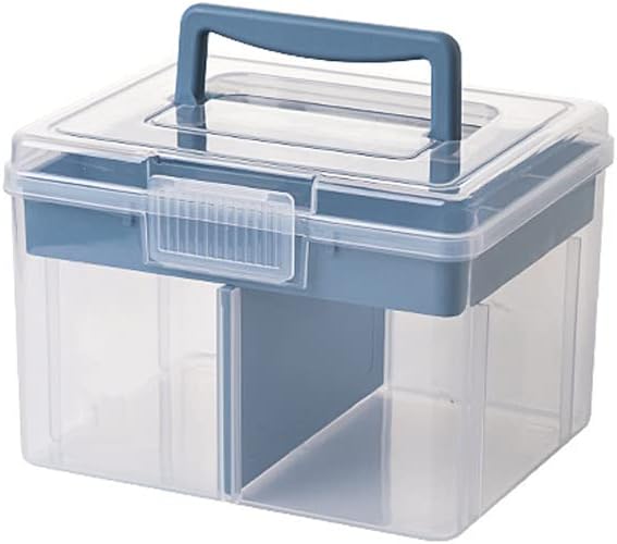 Clear Small Plastic Storage Box with Handle & A Removable Tray & Adjustable Divider, Kids Students Children Art Box, Desk Organiser Case, Medicine Storage Box (Clear & Ocean Blue) by Foreverie