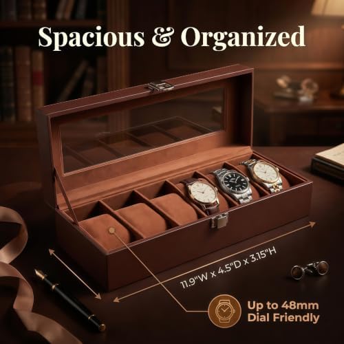 Watch Box Case for Men, Wooden Display Glass Lid - Image 2