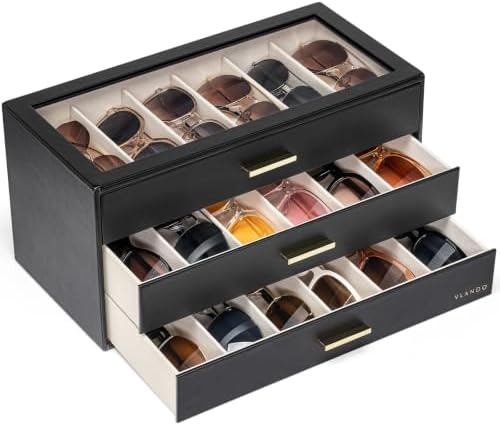 VLANDO 18-Slot Sunglasses Organizer Case with Clear Lid & 3 Drawers,Black by VLANDO