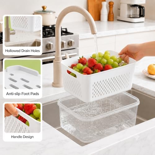 Fruit Storage Containers for Fridge with Lids, Fridge Organizers and Storage Produce Saver Box with Removable Drain Basket for Fruit Berry Salad Vegetable Meat, 380ml to 3150ml (4 Pack) - Image 3