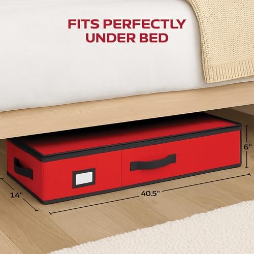 Christmas Wrapping Paper Organizer Storage Box, Straps/Pockets, 40" Heavy-Duty Gift Wrap Storage Holder for Bags, Bows, Tags, Ribbons, Holiday Decorations, Fits Up to 24 Rolls Underbed Container (Red) - Image 3