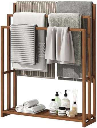 Standing Towel Rack for Bathroom, 39.4''H Bamboo Blanket Racks with Shelf by OAKVIVOElegantLifestyle