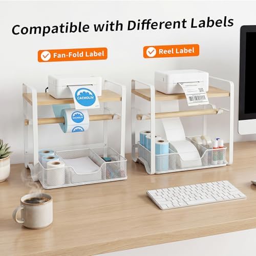 Label Holder for Thermal Printer - Sticker Roll Dispenser - Shipping Lable Holder for Rolls and FanFold Labels - Thermal Printer Stand for Home, Office, Small Business (Bamboo-White) - Image 3