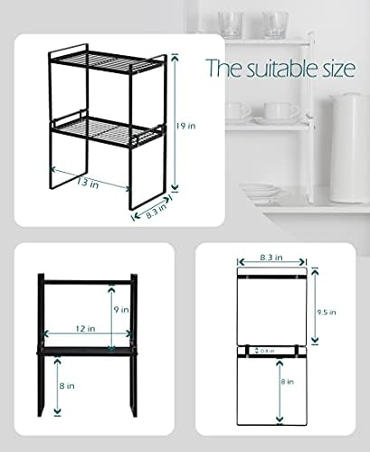 Shantton 2pk Kitchen Cabinet Shelf Counter Organizer Rack Pantry Storage Bathroom Bedroom Office Table Desk Space Saving Steel Frame Stackable Rust Resistant Non Slip Black-Tall-L13in W8.3in H9.5in - Image 3