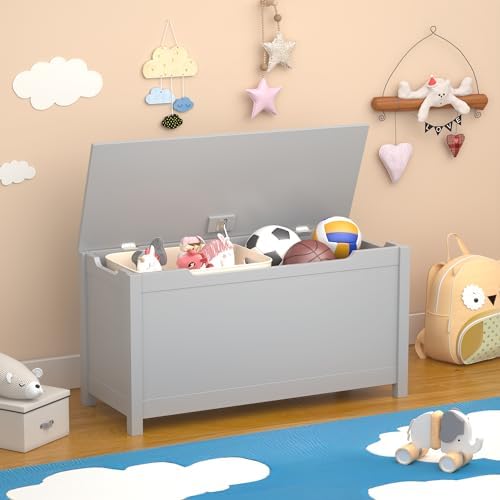 Kids Toy Box Chest, Large Wooden Storage Trunk Bench with Safety Hinged Lid for Ages 3+, Grey by BAOMKONG