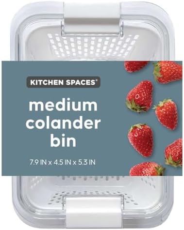 Kitchen Spaces Colander Bin, Produce Saver, Fridge Organizer With Lid, Wash, Strain and Store, Great for Refrigerator, Freezer and Pantry, Medium, White, Pack of 1 by KitchenSpaces