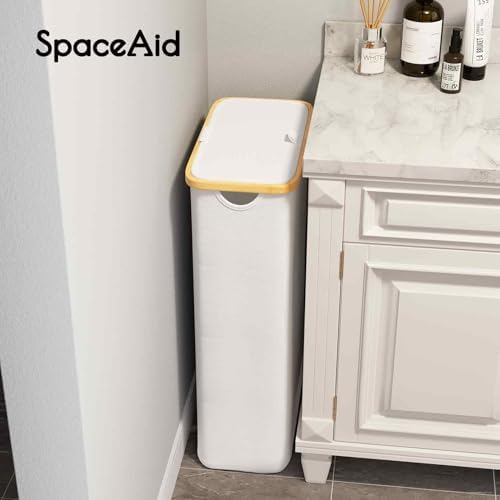 SpaceAid Slim Laundry Hamper with Lid, 65L Narrow Clothes Basket Bin with Bamboo Handles, Skinny Tall Collapsible Hamper for Bedroom, Bathroom, Dorm, Laundry Room - White - Image 4