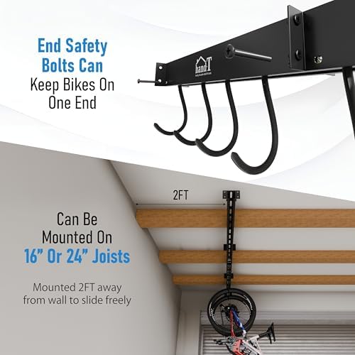 USA Based Ceiling Bike Rack Garage Storage Mount, Bicycle Hanger For Up To 6 Bikes, Sliding 51" Heavy Duty Hook Racks With Padded Hanging Mounts, Hooks Hangers (Black, 1 Rail - 2 Hooks) - Image 7