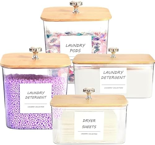 4 Pack Laundry Room Organization Storage Containers, Plastic Clear Laundry Pods Container & Dryer Sheet Holder Jars with Lids, Scoops & Labels for Detergent, Powder, Dryer Balls, Beads by Unknown