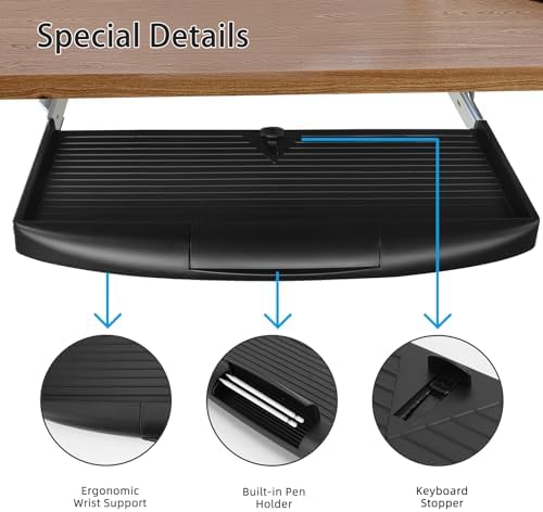 22"Wx11"D Under Desk Keyboard Tray Slide Out, Pull Out Keyboard Tray for Desk, Keyboard Holder Under Desk,Sturdy Keyboard Shelf Under Desk, Black Keyboard Drawer Desk Extender - Image 2