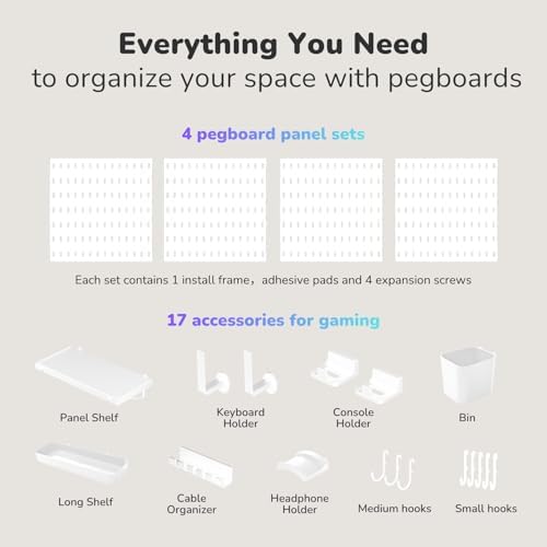 Keepo Peg Board Wall Organizer for Gaming Setup, Pegboard with Adhesives & Screw Mounts, Includes Peg Board Accessories for Gaming Accessories, Tech Storage & Office Organization (White, 22″×22″) - Image 4