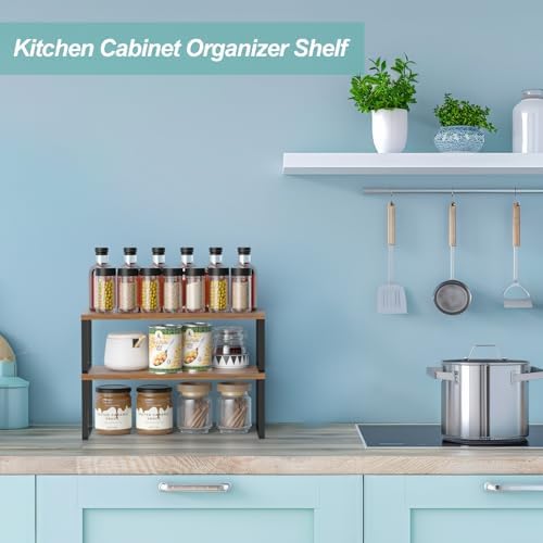 NEX Cabinet Organizer Shelf, Set of 2 Kitchen Counter Shelves, Spice Rack, Stackable Kitchen Shelves Organizer, Pantry Cupboard Dish Mug Cup Storage Shelf, Black and Brown - Image 4