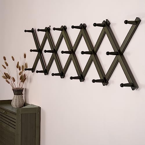 SKOLOO Hat Rack for Wall with 17 Hooks, Solid Wooden, Modern, Expandable Coat Rack Wall Mount for Coats, Hats, Bags, Baseball Caps, Dark Walnut Color - Image 4