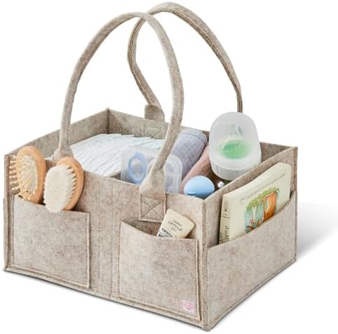 Upgraded Baby Diaper Caddy Organizer, Portable Nursery Storage Bin with Handle, Side Pockets Car Organizer for Diapers and Baby Wipes Essentials, Registry Gift Baskets (Small-Oatmeal) by Unknown