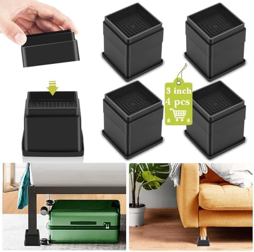 4 Pack Furniture Risers 3 Inch, Adjustable Bed Risers Heavy Duty for Table Desk Couch Chair Sofa Cabinet Bed Frame Dorm, Square Stackable Table Leg Risers Lift Height 1", 2” or 3", Black by Yookwutar