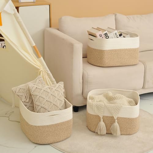 ICERZCZ Large Storage Baskets for Organizing Shelves, Woven Cotton Rope Bins for Baby Nursery Organization, Book Toy Towel Organizer, 17"x13"x9.5", 3 Packs, Off White & Brown - Image 6