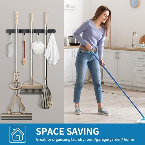 JAMEND CLXP Broom Hanger and Mop Holder, Heavy Duty Garden Tool Organizer Rack Rake and Shovel Handle, Stainless Steel Wall Mounted Utility Rack with Screws (3 Racks with 4 Hooks, Matte Black). - Image 4