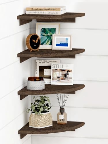 Forbena Floating Corner Shelves for Wall Set of 4, Small Corner Bookshelf for Bedroom Books, Round Wooden Corner Shelf Wall Mount for Bathroom Plants, Kitchen, Living Room Decor (Dark Brown) by Forbena
