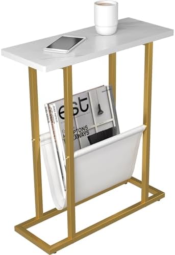 Yusong Small Narrow Side Table for Small Spaces, 17.7" W Slim End Table Magazine Table Nighstand with Storage Holder, Accent Skinny Snack Couch Bedside Table, Gold White, Complete Iron Pipes by Yusong