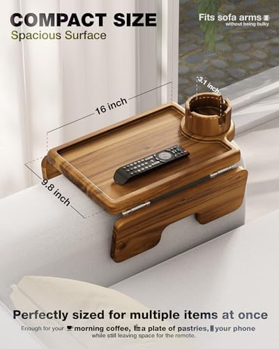 BLUEWEST Couch Armrest Table, Sofa Arm Tray with 360° Rotating Cup Holder - Image 2