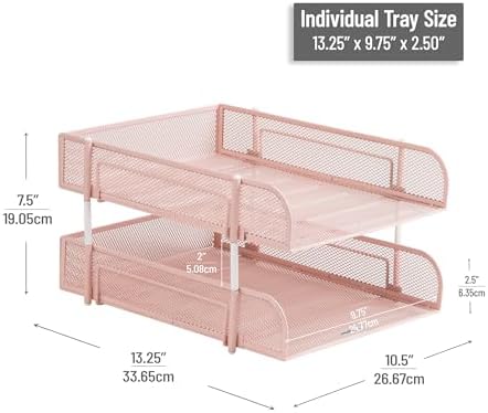Mind Reader Stackable Paper Tray, Desktop Organizer, File Storage, Office, Metal Mesh, 2 Pcs, Pink - Image 3