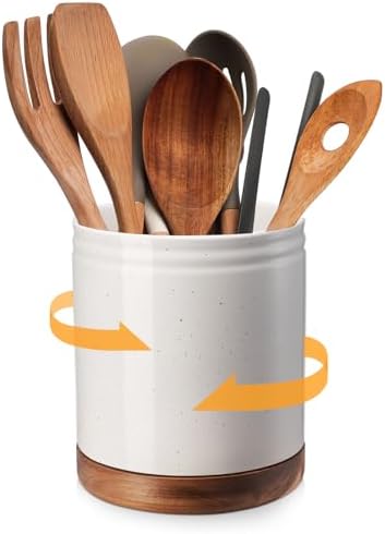 DOWAN 7.6" 360° Rotating Utensil Holder, Kitchen Utensil Holder for Countertop,Large Ceramic Utensil Crock for Kitchen Decor, Protection Cork Bottom, Speck White by DOWAN