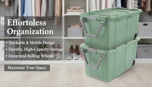 40 Gallon Light Green Rolling Industrial Storage Bins 2-Pack, Heavy-Duty Plastic with Leakproof Lid & Latches, Stackable for Garage Warehouse Equipment Transport - Image 3