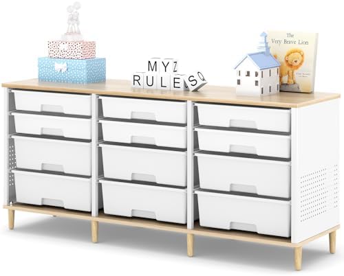TOOLF 12 Drawers Storage Cabinet with Wooden Top and Plastic Bins, White by TOOLF