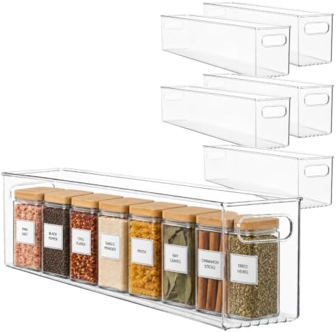 primebox Plastic Food Storage 6 Pack Clear Container Bin with Handles for Organizing Kitchen, Pantry, Refrigerator, Freezer, Pantry, Cabinet, Closet, Bathroom. 20”x4”x5” by primebox