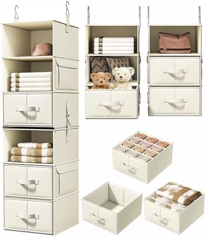 6-Shelf Hanging Closet Organizer with 3 Drawers, 2-in-1 Design, Beige by Vailando