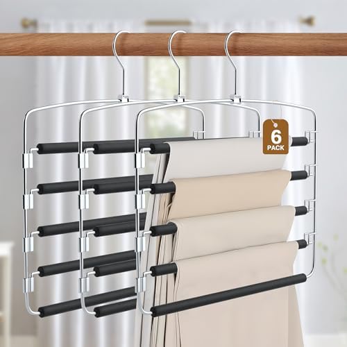 Pants Hangers, 6 Pack Anti-Slip Space Saving Hangers, 5 Layer Swing Arm Pants Hanger Stainless Steel with Non-Slip Padding, Closet Organizers & Storage for Pants Trousers Jeans Scarf by cycleacc