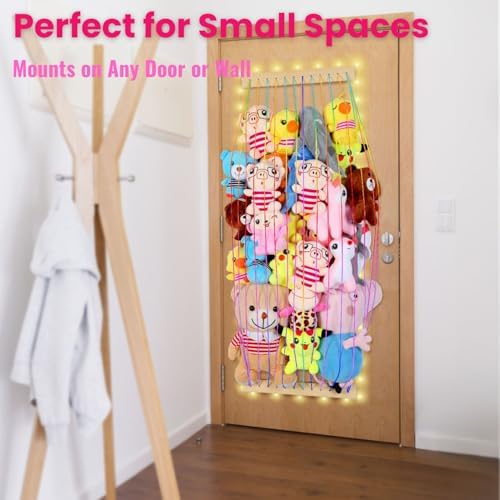 Stuffed Animal Storage Wood Soft Toy Storage for Kids Room，Wall Mount Door Hanging Stuffed Animal Toy Organizer Shelf for Nursery Play Room White with LED Coil -Patent - Image 5