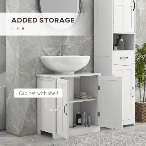 kleankin Pedestal Sink Storage Cabinet Under Sink Cabinet 2 Doors White - Image 6