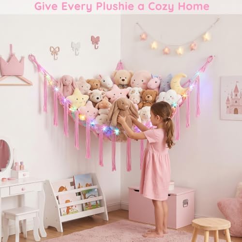Basumee Stuffed Animals Hammock with LED Light Corner Net, Girls Room Decor - Image 5
