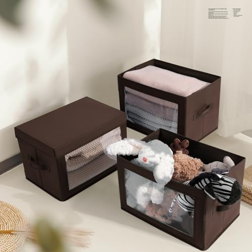 Homsorout Foldable Storage Boxes with Clear Window - Clothes Organizers and Decorative Bins with Lid, Fabric Storage Cube, Baskets for Shelves, Yarn, Home, Brown, 3 Pack - Image 5