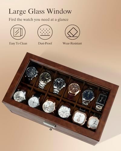 GUKA Watch Box 12 Slot Watch Display Organizer Leather Jewelry Case Drawer Glass Birthday for Men Women, Child Husband Dad GK-012-BROWN-LED-24 - Image 4