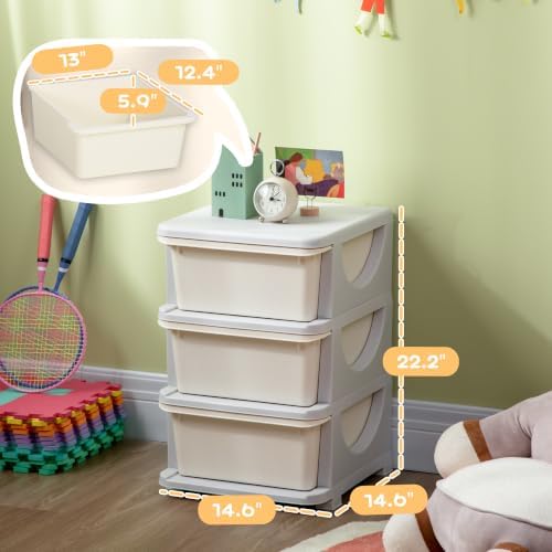 Qaba 3 Drawers Kids Storage Unit 3 Tier Toy Organizers Cream White - Image 3